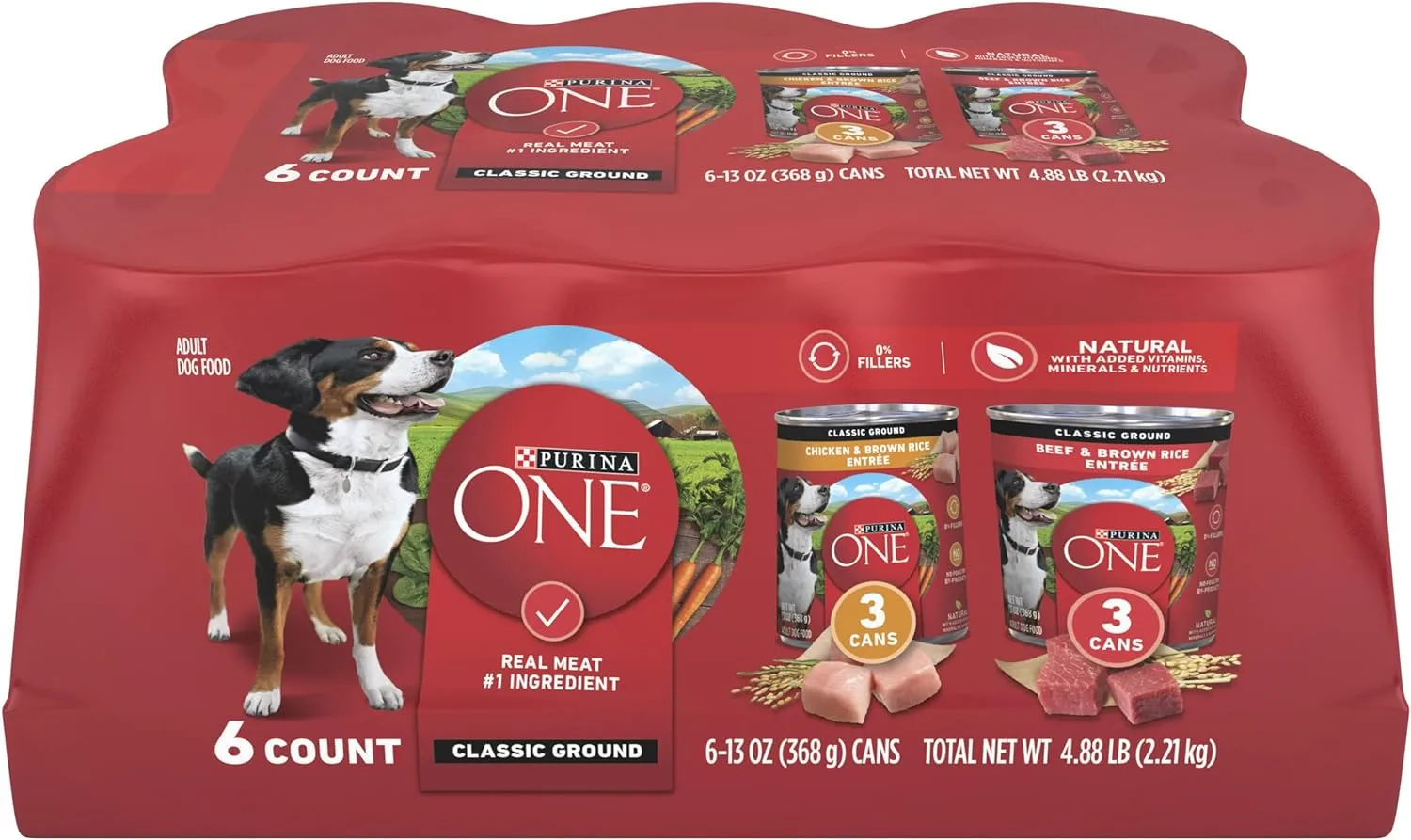 Purina ONE Classic Ground Chicken and Brown Rice, and Beef and Brown Rice Entrees Wet Dog Food Variety Pack - (6) 13 oz. Cans
