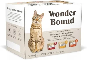 Amazon Brand - Wonder Bound Wet Cat Food, Pate, No Added Grain, Variety Pack (Beef/Chicken/Turkey & Giblet), 3 Oz cans, Pack of 24