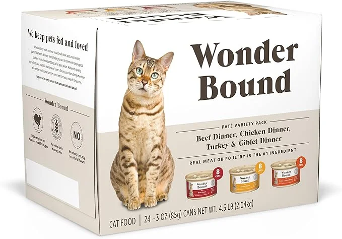 Amazon Brand - Wonder Bound Wet Cat Food, Pate, No Added Grain, Variety Pack (Beef/Chicken/Turkey & Giblet), 3 Oz cans, Pack of 24