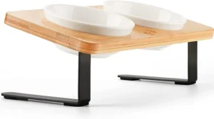 Ceramic Elevated Cat Bowls, 10° Tilted Raised Cat Food Bowls for Food and Water, Indoor Cat Dishes with Bamboo Stand Anti Vomiting for Cats and Puppy, Pet Bowl Set with Anti Slip Feet, Dishwasher Safe
