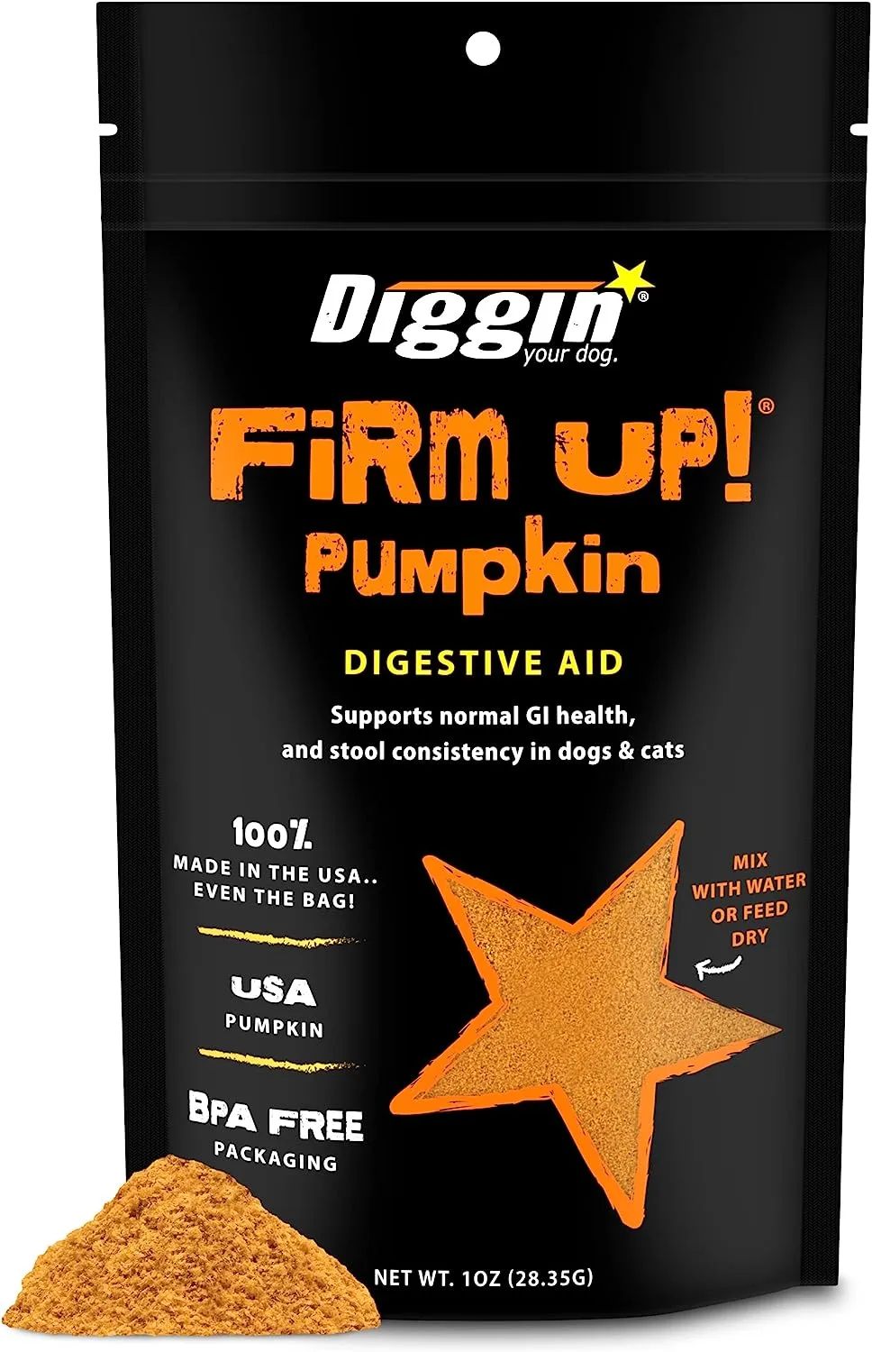 Diggin' Your Dog Firm Up Pumpkin for Dogs & Cats, 100% Made in USA, Pumpkin Powder for Dogs, Digestive Support, Apple Pectin, Fiber, Healthy Stool, 1 oz
