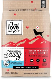 "I and love and you" Baked and Saucy Dry Dog Food with Gravy Coating, Beef and Sweet Potato Recipe, Grain Free, Coated in Bone Broth, Prebiotics and Probiotics, Real Meat, No Fillers, 4 lb Bag
