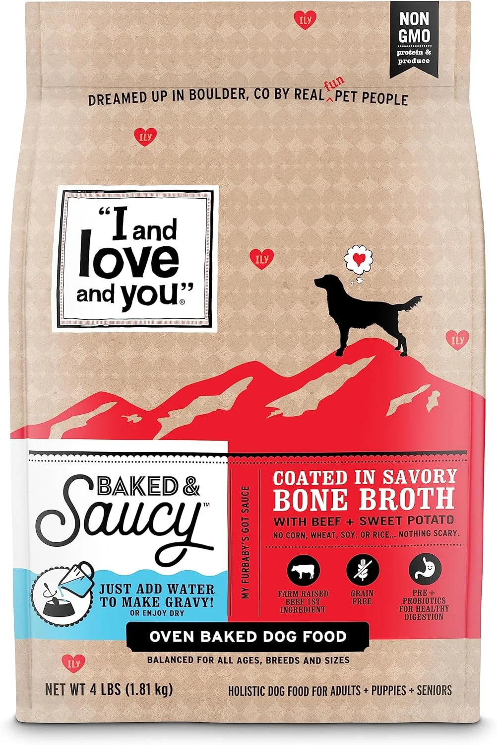 "I and love and you" Baked and Saucy Dry Dog Food with Gravy Coating, Beef and Sweet Potato Recipe, Grain Free, Coated in Bone Broth, Prebiotics and Probiotics, Real Meat, No Fillers, 4 lb Bag