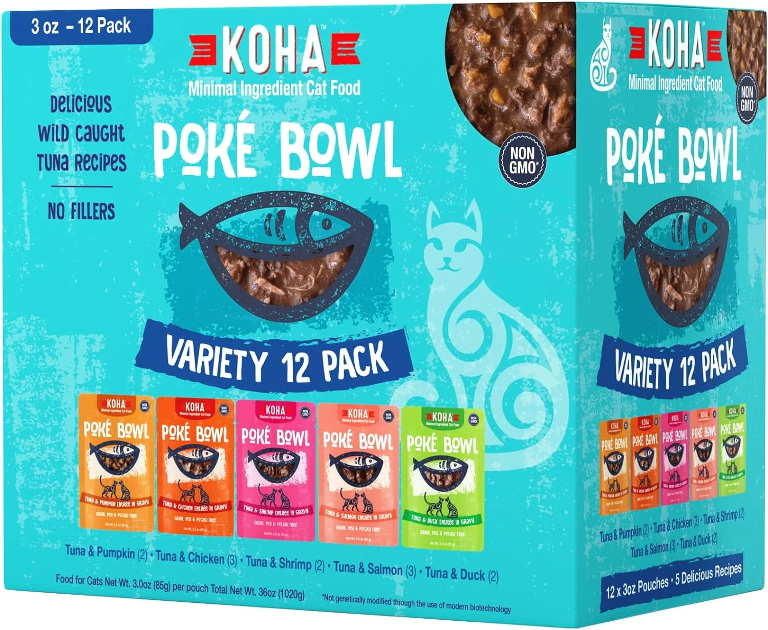 KOHA Pet Food Poké Bowl Cat Variety Pack, Wet Cat Food in Gravy - 5 Flavors - Tuna Combinations of Salmon, Chicken, Duck, Shrimp, and More - 3 oz Pouches, Pack of 12