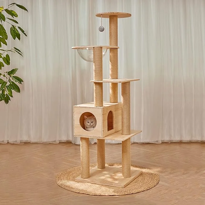 Lazyworm Modern Multi-Level Large Real Solid Wood Cat Tree
