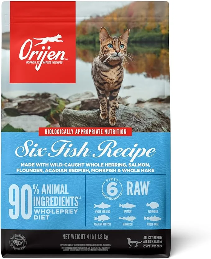 ORIJEN Six Fish Dry Cat Food, Grain Free Cat Food for All Life Stages, With WholePrey Ingredients, 4lb