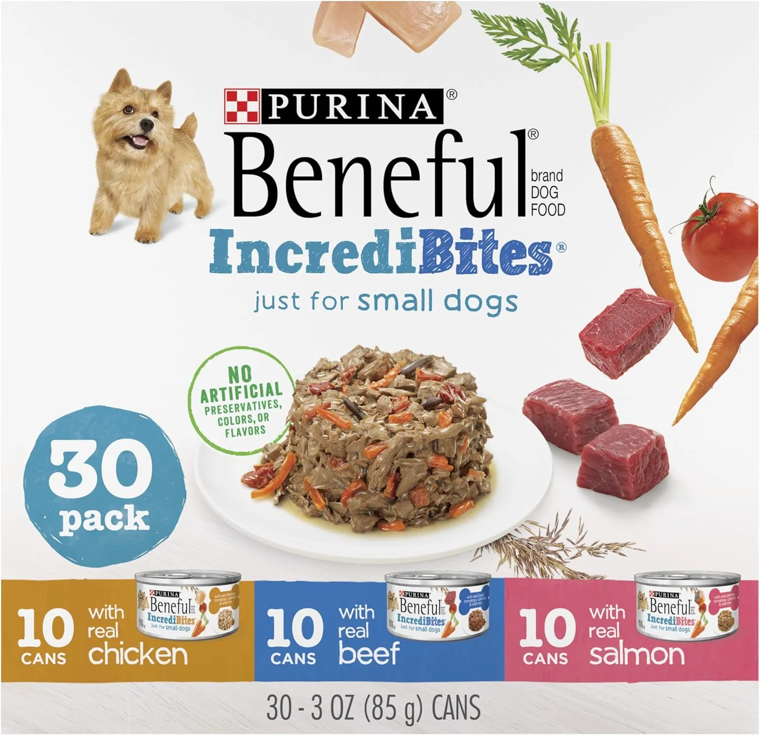Purina Beneful Small Breed Wet Dog Food Variety Pack, IncrediBites With Real Beef, Chicken or Salmon - (30) 3 Oz. Cans