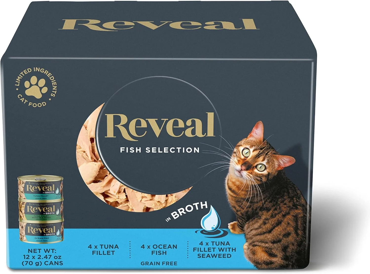 Reveal Natural Wet Cat Food, 12 Count, Grain Free, Limited Ingredient Canned Food for Cats, Fish Variety in Broth, 2.47 oz Cans