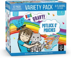 Weruva B.F.F. OMG - Best Feline Friend Oh My Gravy!, Variety Pack, Potluck O' Pouches, Wet Cat Food, 2.8Oz Pouches (Pack of 12)