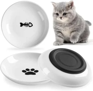 WROSWT Cat Food Bowl,Healthy Ceramic Cat Bowls for Indoor Cats,Anti Whisker Fatigue Cat Dishes Set,Shallow Wide Kitten Plates for Food and Water,Non-Slip Silicone Bottom,3 Pack