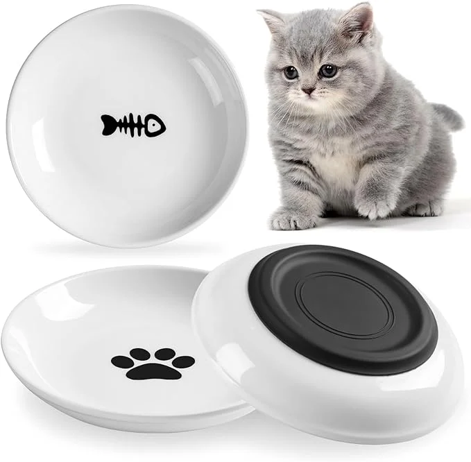 WROSWT Cat Food Bowl,Healthy Ceramic Cat Bowls for Indoor Cats,Anti Whisker Fatigue Cat Dishes Set,Shallow Wide Kitten Plates for Food and Water,Non-Slip Silicone Bottom,3 Pack
